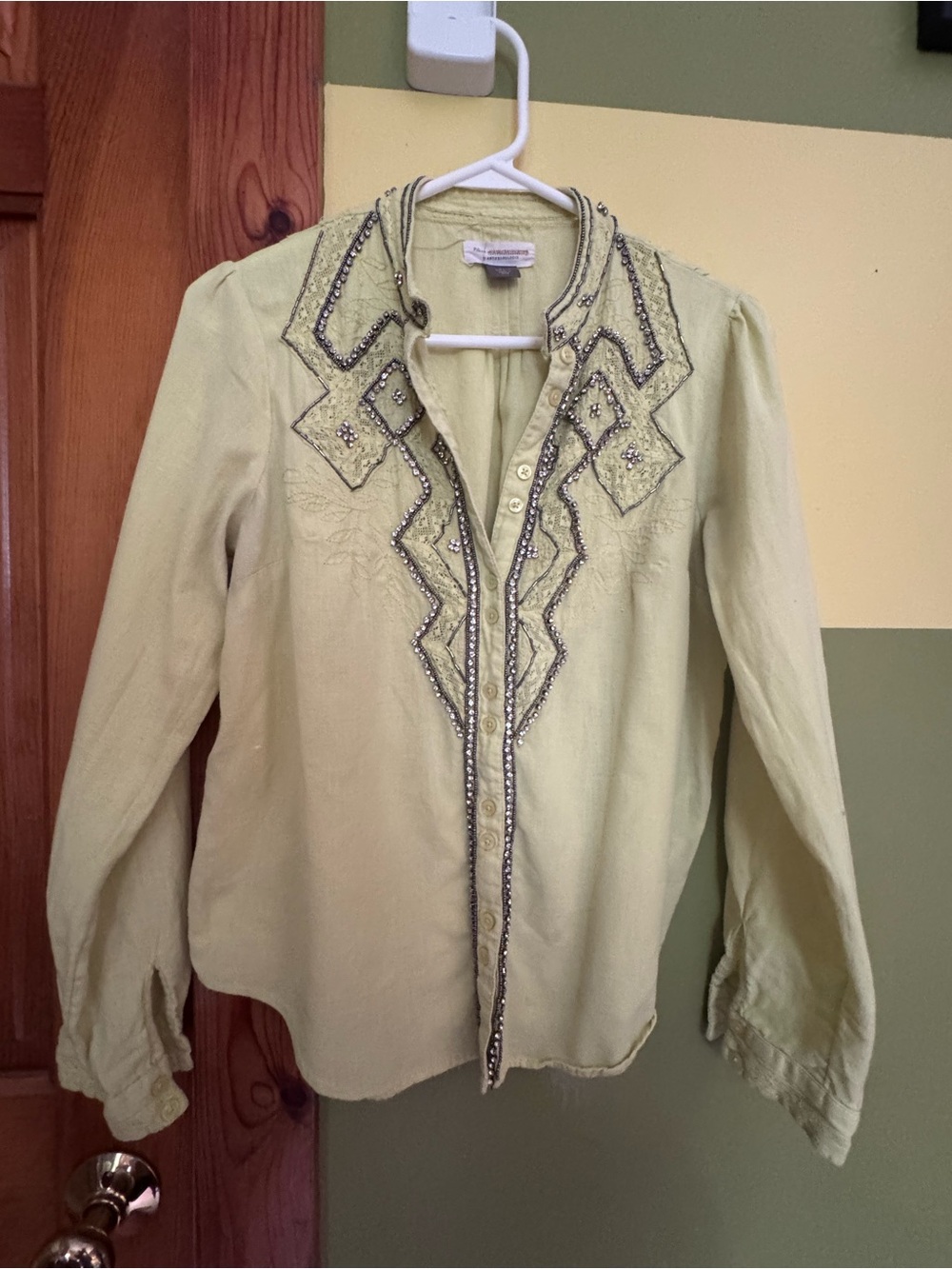 Anthropologie Light Lime Embellished Button-Front shirt